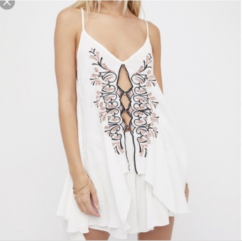 Free People embroidered cut out lace up sides white pink dress long top festival